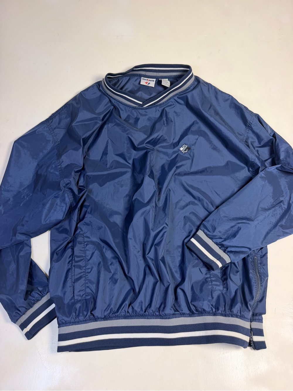 Jerzees Windbreaker Pullover Men Large Navy 90s Collegiate Striped Trim V-Neck